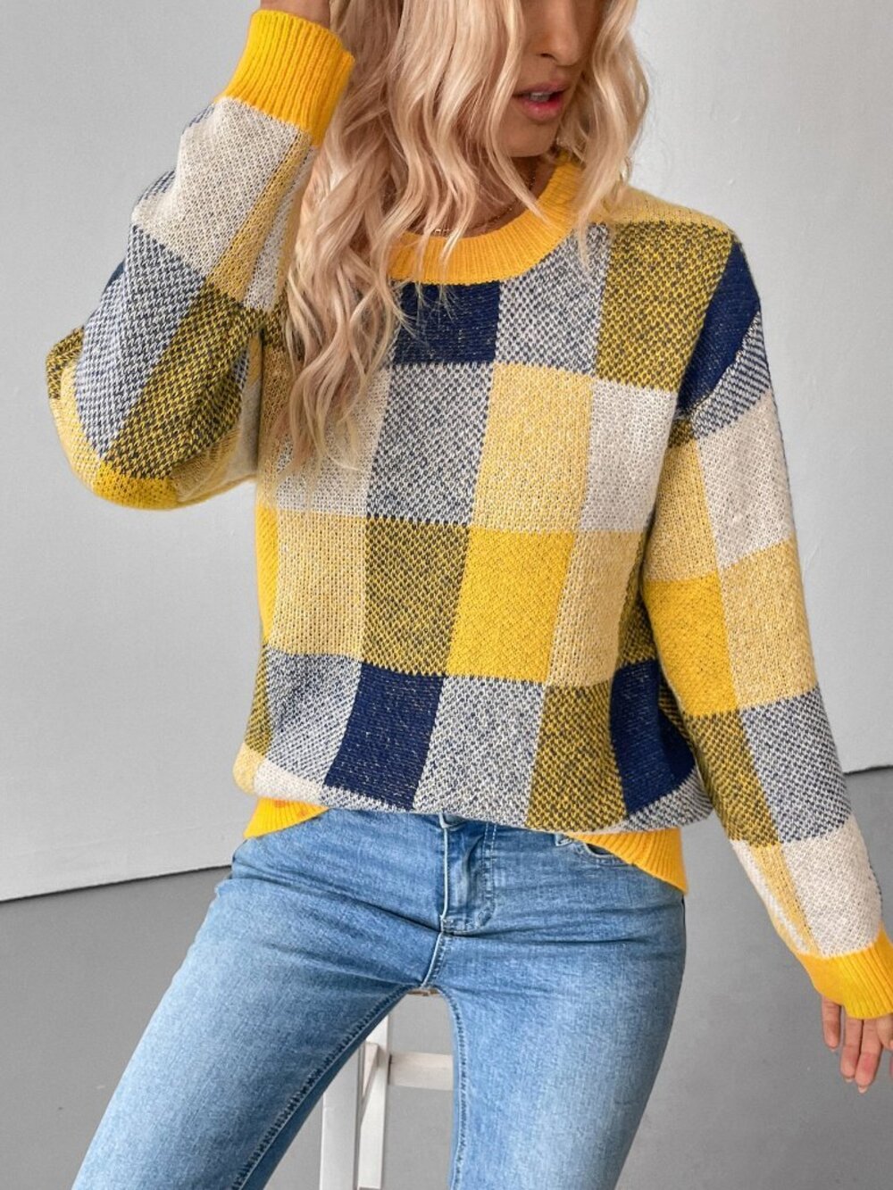 Yellow Casual Women's Plaid Round Neck Drop Shoulder Long Sleeve Sweater